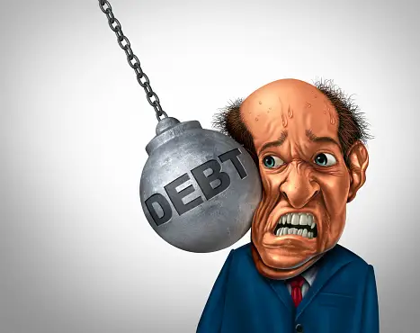 a man, with no financial resilience, gets hit with a wrecking ball that says 'debt'.